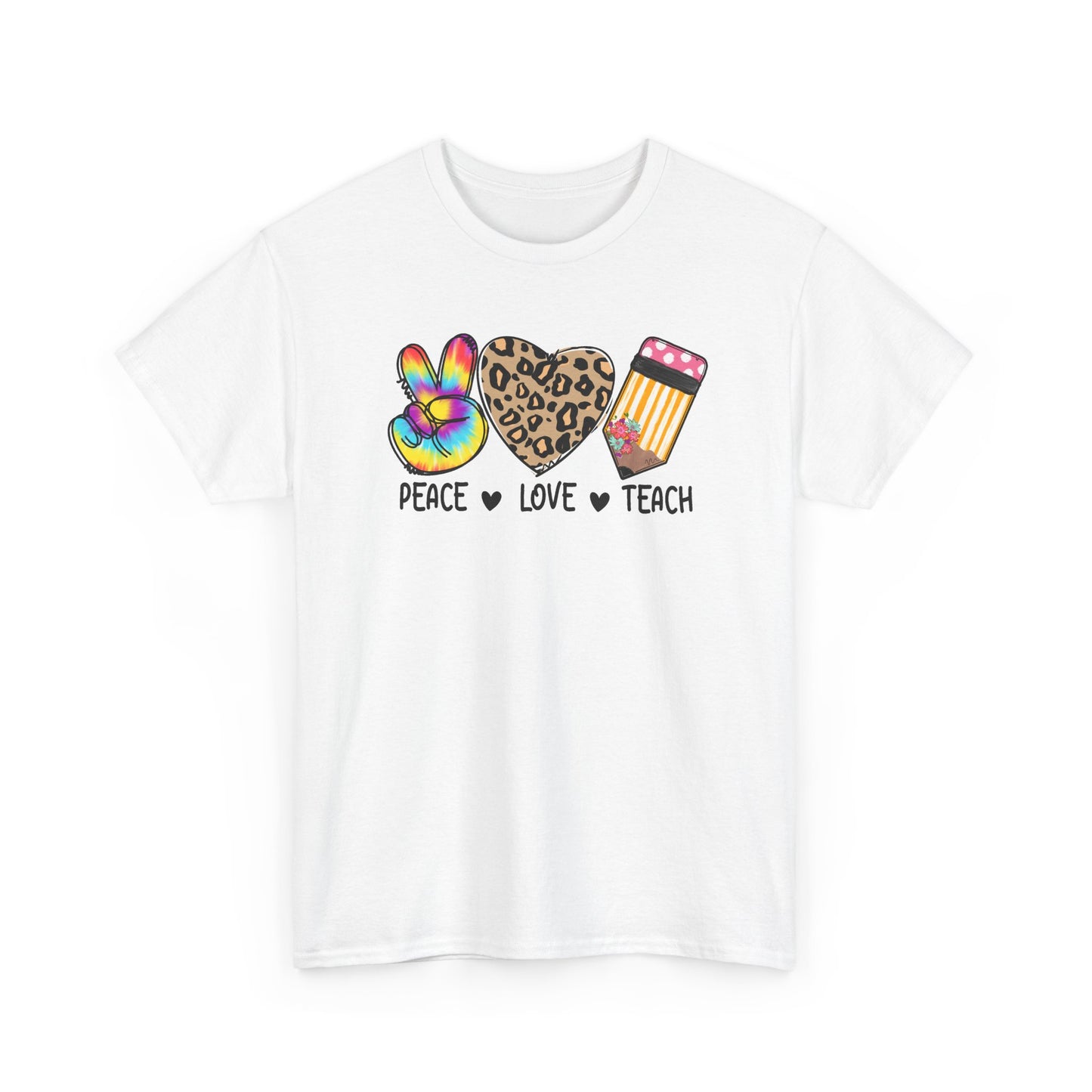 Peace Love Teach T-Shirt - Teacher Gift Tee with Peace Sign, Leopard Heart & Pencil Design
