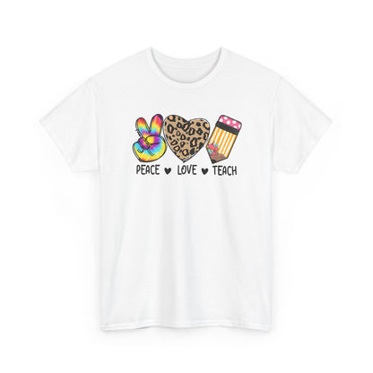 Peace Love Teach T-Shirt - Teacher Gift Tee with Peace Sign, Leopard Heart & Pencil Design