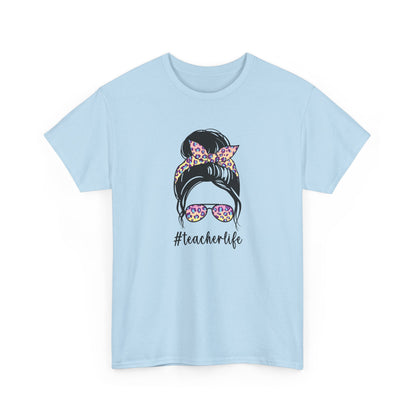 Teacher Life Graphic Tee - Messy Bun Sunglasses Floral Bandana #teacherlife
