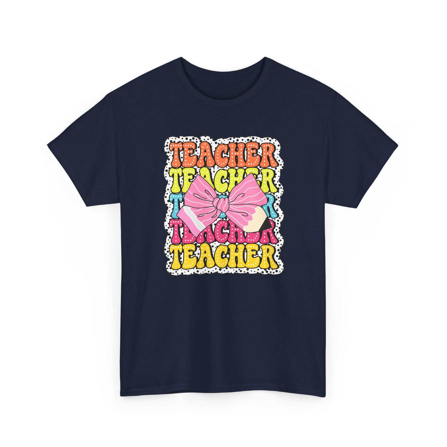 Teacher Pink Bow Graphic Tee - Retro Colorful ‘Teacher’ Design
