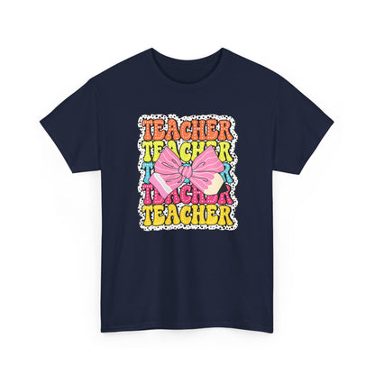 Teacher Pink Bow Graphic Tee - Retro Colorful ‘Teacher’ Design