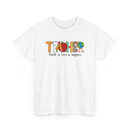 Teacher T‑Shirt – "Teach • Love • Inspire" Colorful Apple & Globe Design