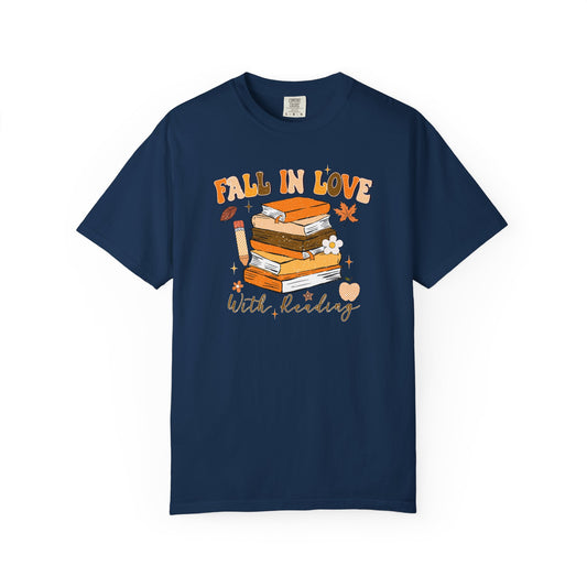 Fall in Love with Reading Shirt | Distressed Book Lover Tee | Custom Color Autumn Teacher T-Shirt | Cozy Reading Graphic Tee
