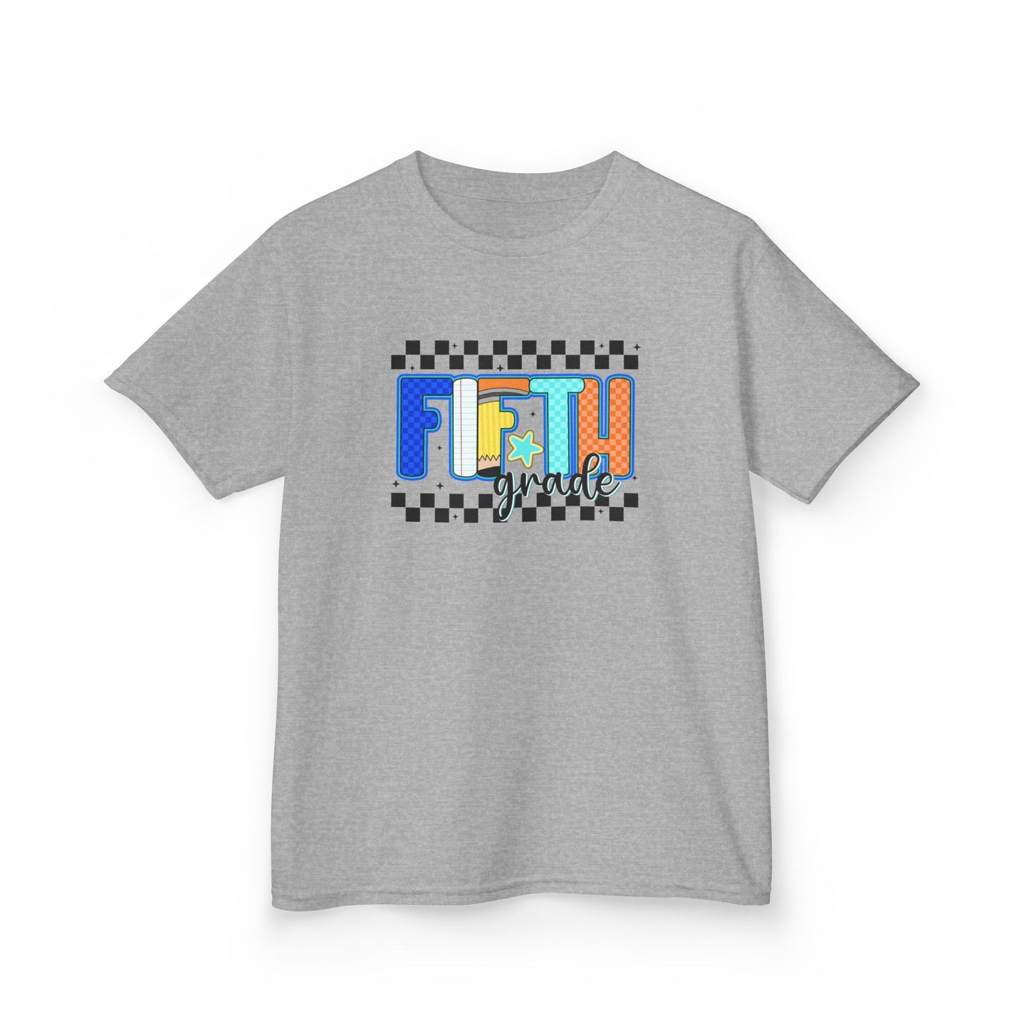 Youth Tee - "Fifth Grade" Colorful Checkerboard Back-to-School Shirt