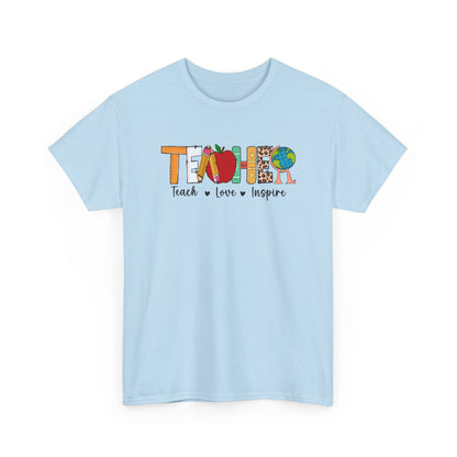 Teacher T‑Shirt – "Teach • Love • Inspire" Colorful Apple & Globe Design