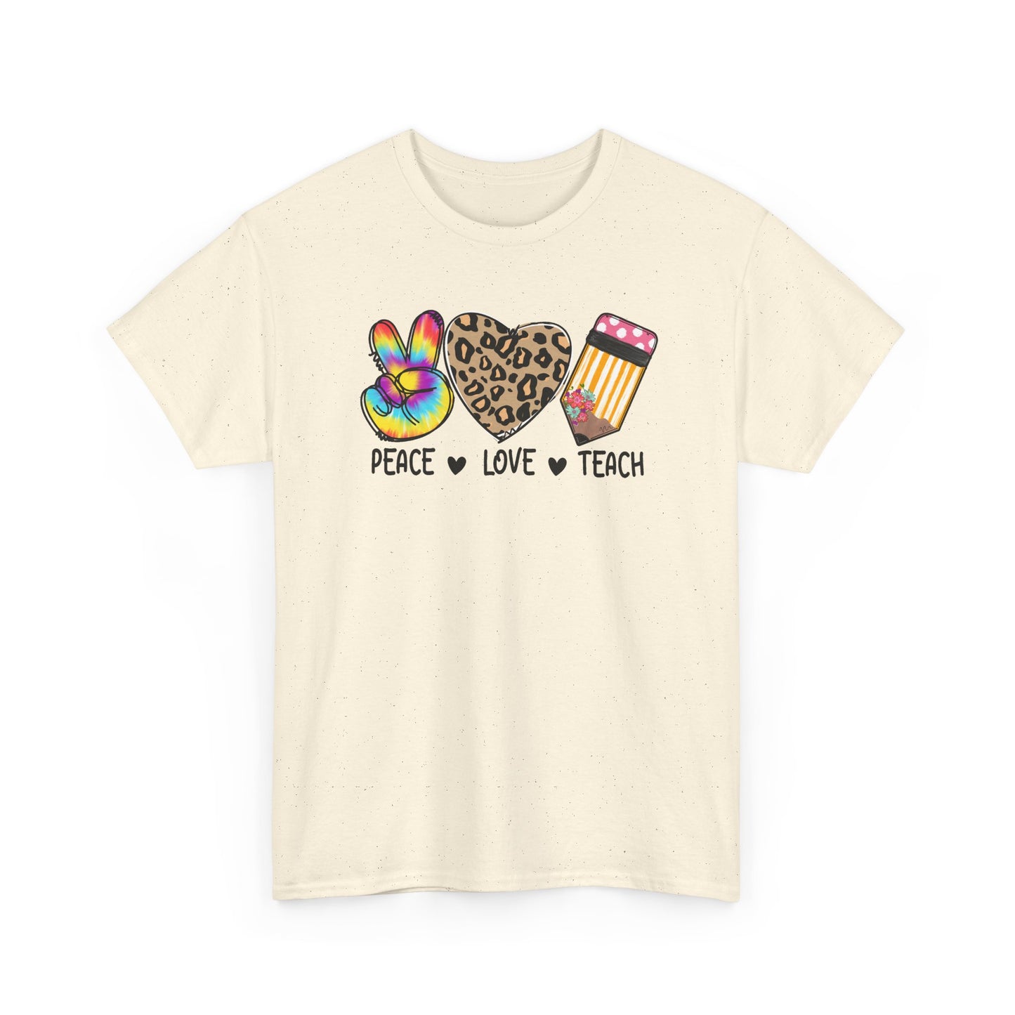 Peace Love Teach T-Shirt - Teacher Gift Tee with Peace Sign, Leopard Heart & Pencil Design