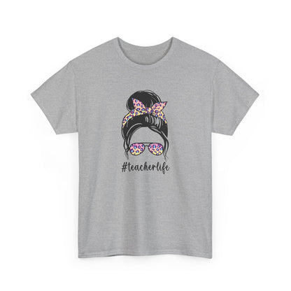 Teacher Life Graphic Tee - Messy Bun Sunglasses Floral Bandana #teacherlife