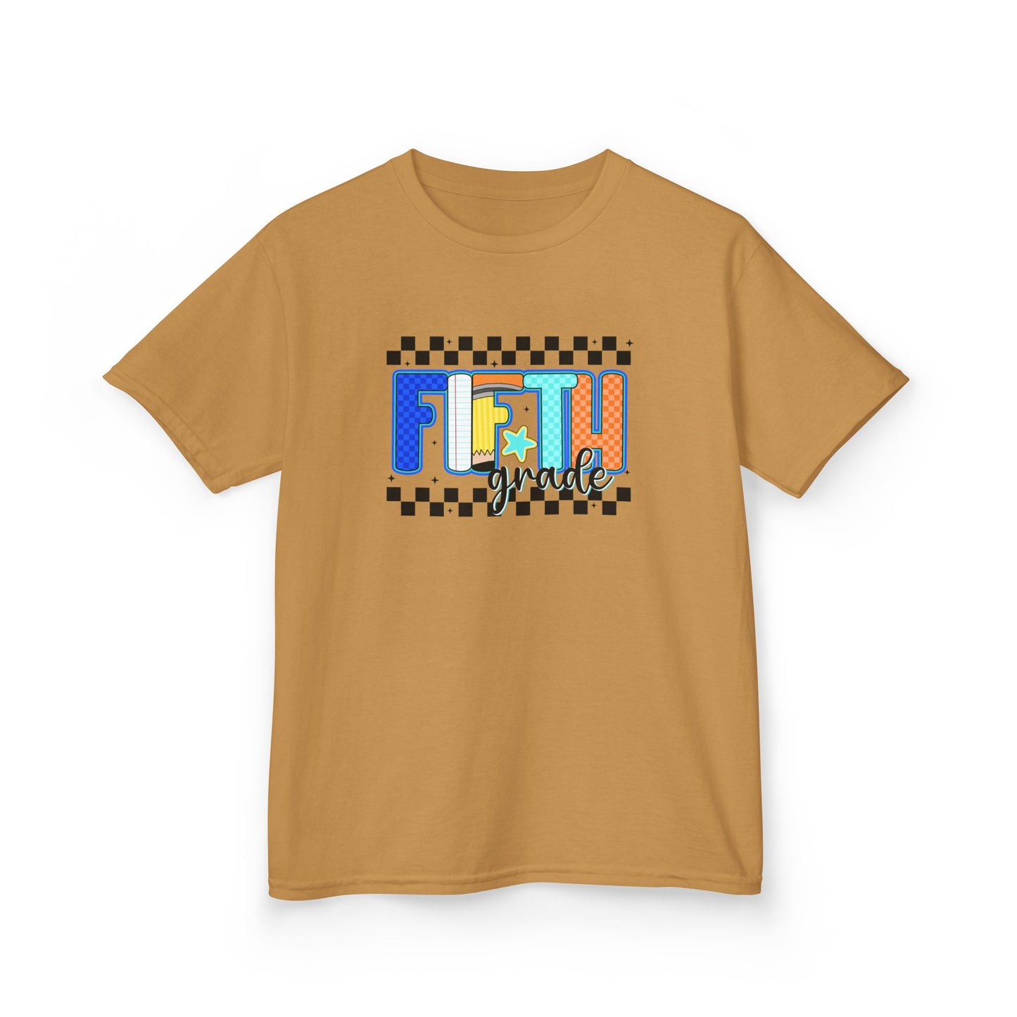 Youth Tee - "Fifth Grade" Colorful Checkerboard Back-to-School Shirt