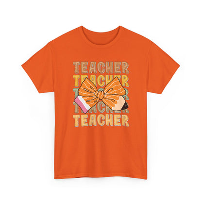 Teacher Teacher Teacher Bow Shirt | Gildan Fall Teacher T-Shirt | Cute Autumn Teacher Outfit | Teacher Appreciation Gift Tee