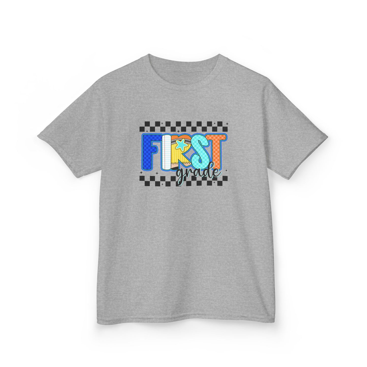 Youth Tee - "First Grade" Colorful Checkerboard Back-to-School Shirt