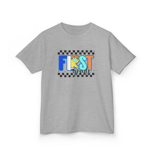 Youth Tee - "First Grade" Colorful Checkerboard Back-to-School Shirt
