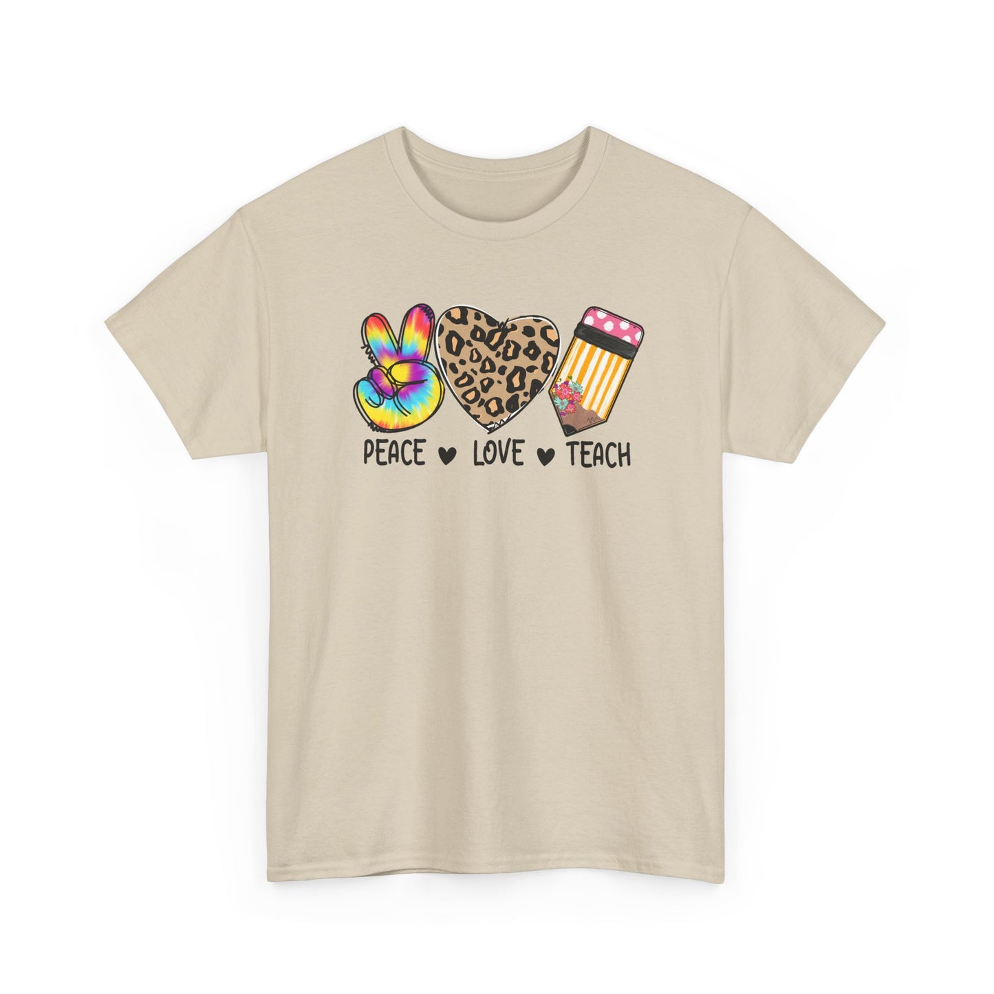 Peace Love Teach T-Shirt - Teacher Gift Tee with Peace Sign, Leopard Heart & Pencil Design