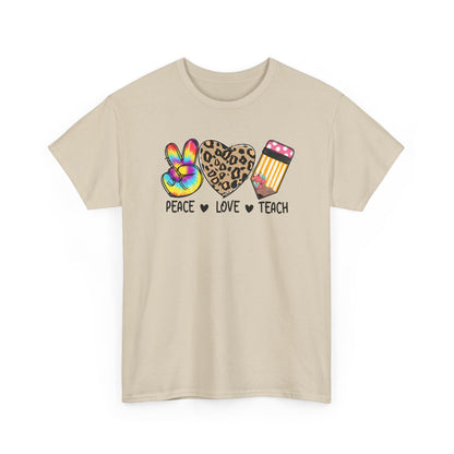 Peace Love Teach T-Shirt - Teacher Gift Tee with Peace Sign, Leopard Heart & Pencil Design