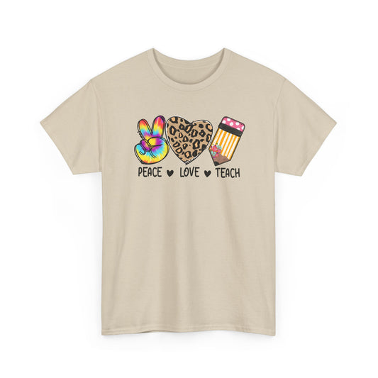 Peace Love Teach T-Shirt - Teacher Gift Tee with Peace Sign, Leopard Heart & Pencil Design
