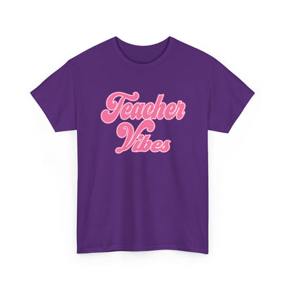 Teacher Vibes T-Shirt - Pink Retro Script Tee for Teachers, Teacher Appreciation Gift