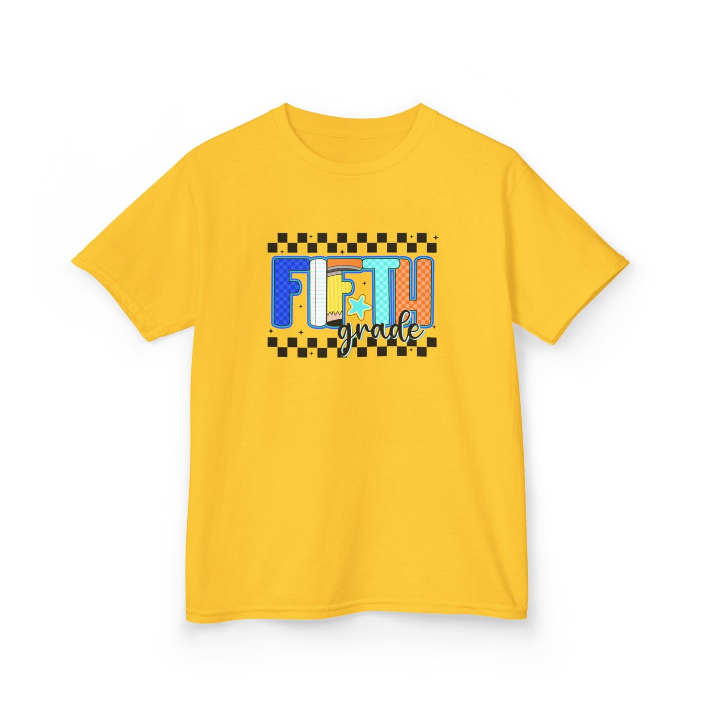Youth Tee - "Fifth Grade" Colorful Checkerboard Back-to-School Shirt