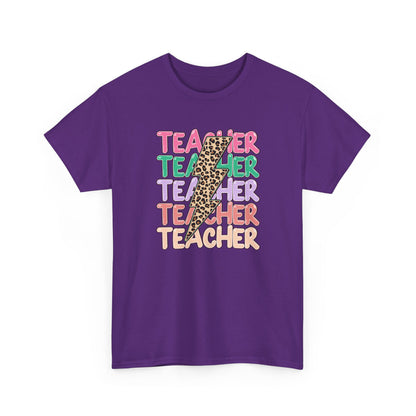 Teacher Leopard Pencil Graphic Tee - Colorful Retro Teacher T-Shirt