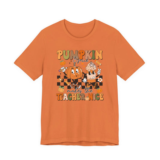 Pumpkin Spice Makes the Teacher Nice Shirt | Bella Canvas Fall Teacher T-Shirt | Thanksgiving Teacher Outfit | Autumn Classroom Tee