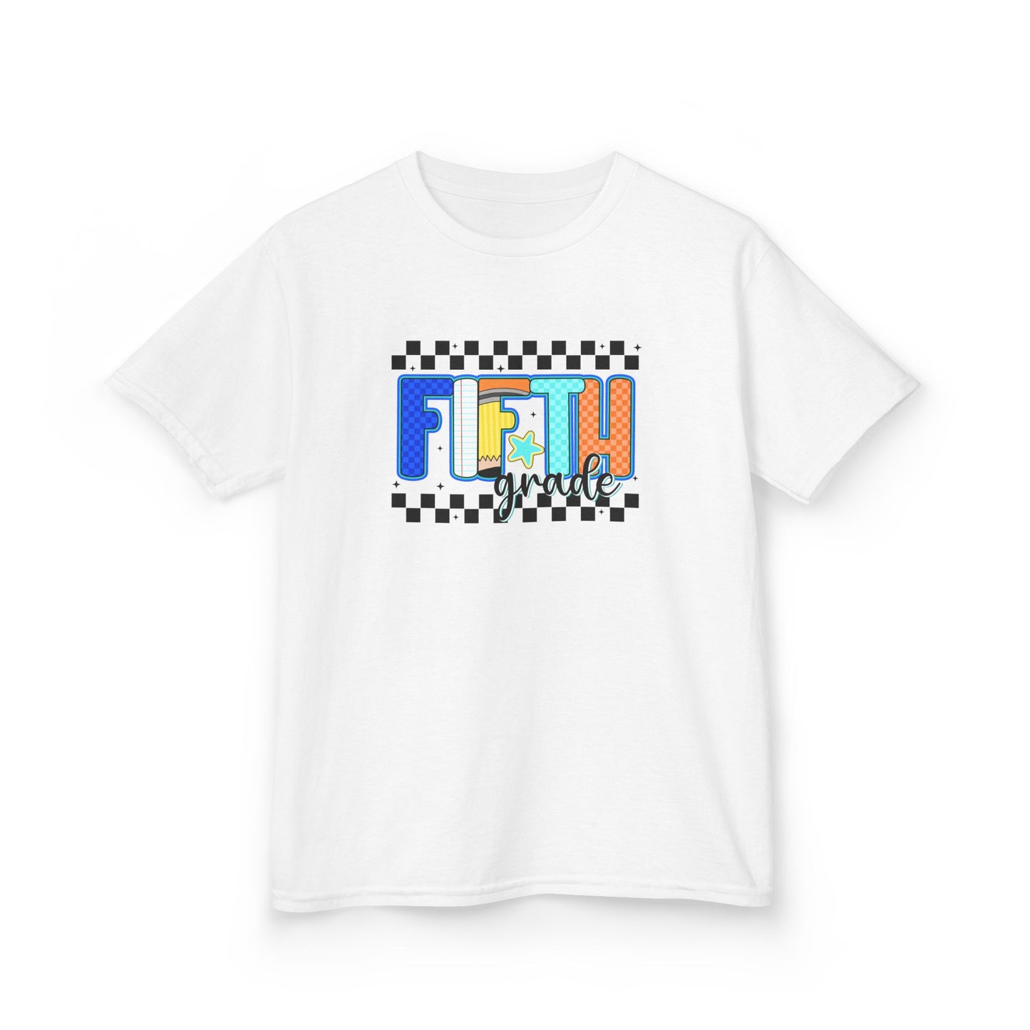 Youth Tee - "Fifth Grade" Colorful Checkerboard Back-to-School Shirt