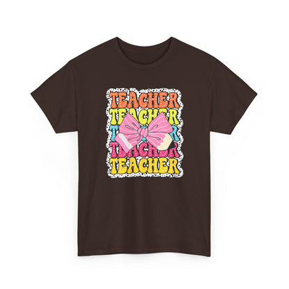 Teacher Pink Bow Graphic Tee - Retro Colorful ‘Teacher’ Design