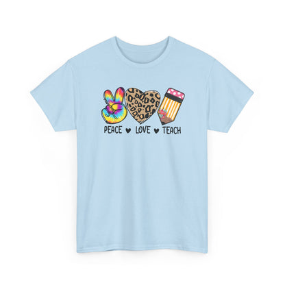Peace Love Teach T-Shirt - Teacher Gift Tee with Peace Sign, Leopard Heart & Pencil Design