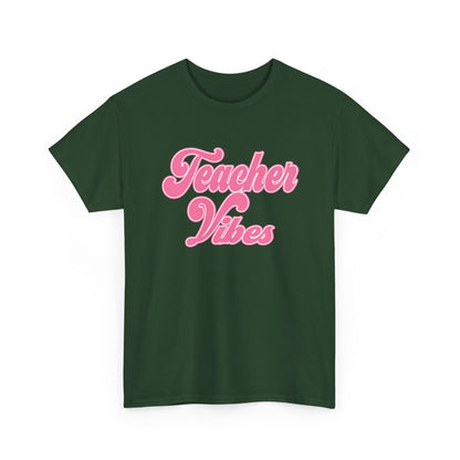 Teacher Vibes T-Shirt - Pink Retro Script Tee for Teachers, Teacher Appreciation Gift
