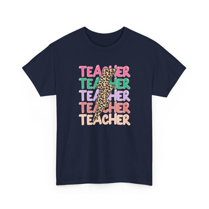 Teacher Leopard Pencil Graphic Tee - Colorful Retro Teacher T-Shirt