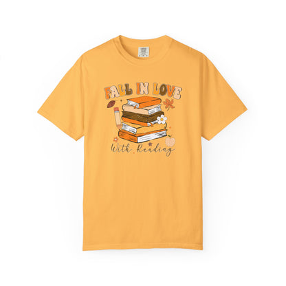 Fall in Love with Reading Shirt | Distressed Book Lover Tee | Custom Color Autumn Teacher T-Shirt | Cozy Reading Graphic Tee