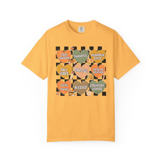 Comfort Colors Fall Shirt | Candy Hearts Distressed T-Shirt | Cozy Autumn Thanksgiving Tee | Unisex Garment Dyed Fall Graphic Shirt