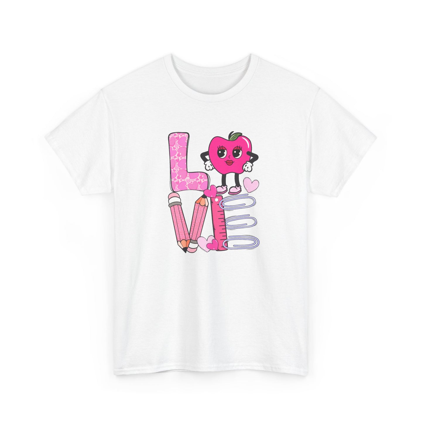 Love School Graphic Tee  - Cute Pink Apple, Pencil & Notebook Heart Design