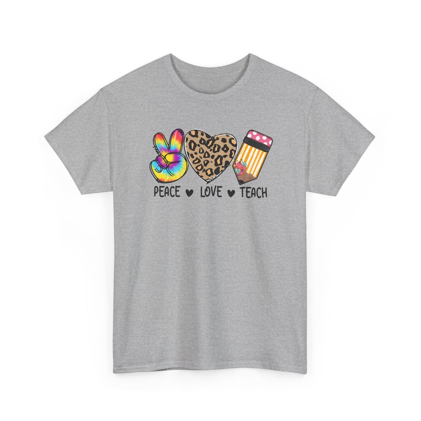 Peace Love Teach T-Shirt - Teacher Gift Tee with Peace Sign, Leopard Heart & Pencil Design