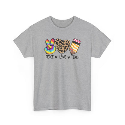 Peace Love Teach T-Shirt - Teacher Gift Tee with Peace Sign, Leopard Heart & Pencil Design