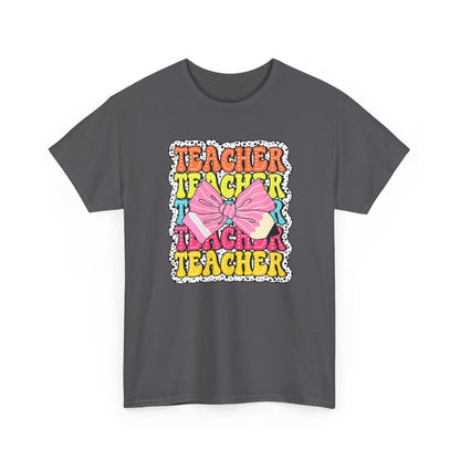 Teacher Pink Bow Graphic Tee - Retro Colorful ‘Teacher’ Design