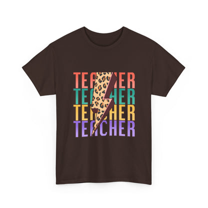 Teacher Lightning Bolt Graphic Tee -  Colorful Leopard Print Teacher Shirt