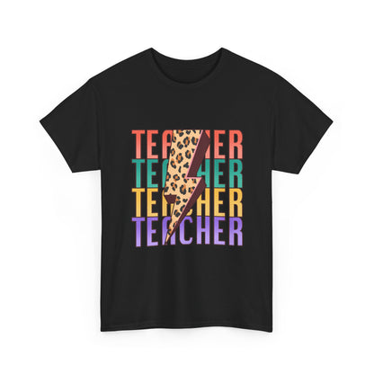 Teacher Lightning Bolt Graphic Tee -  Colorful Leopard Print Teacher Shirt