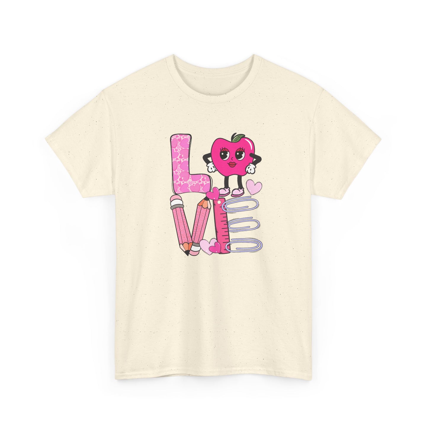 Love School Graphic Tee  - Cute Pink Apple, Pencil & Notebook Heart Design