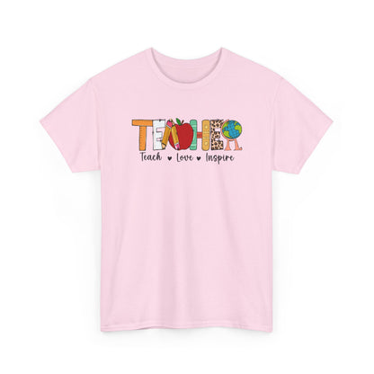 Teacher T‑Shirt – "Teach • Love • Inspire" Colorful Apple & Globe Design