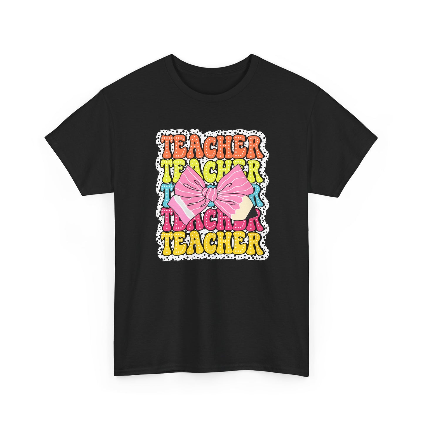 Teacher Pink Bow Graphic Tee - Retro Colorful ‘Teacher’ Design