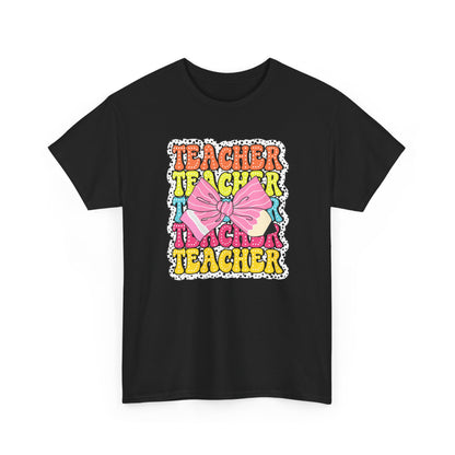 Teacher Pink Bow Graphic Tee - Retro Colorful ‘Teacher’ Design