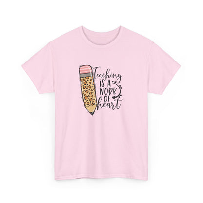Teacher Pencil T‑Shirt - "Teaching Is a Work of Heart" Leopard Print Tee