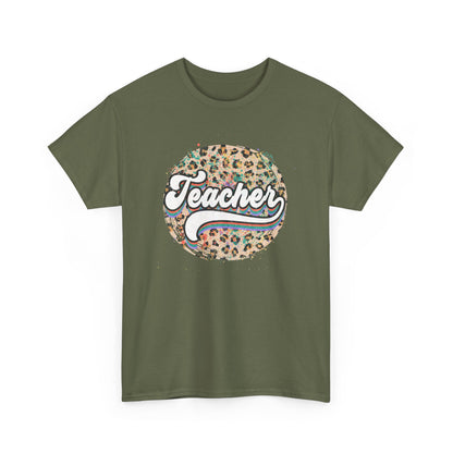 Teacher Leopard Circle Graphic Tee - Retro Script School Apparel