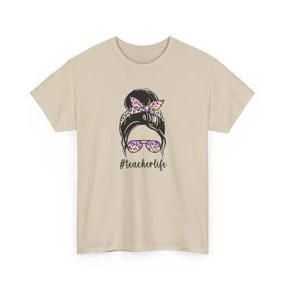 Teacher Life Graphic Tee - Messy Bun Sunglasses Floral Bandana #teacherlife