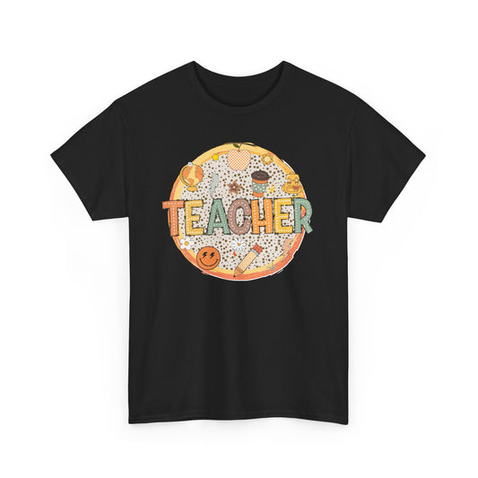 Teacher Circle Icons Shirt | Gildan Teacher T-Shirt with Pencil Apple Globe | Cute Classroom Graphic Tee | Teacher Gift Top