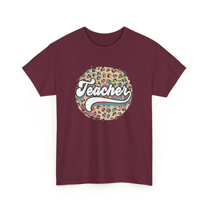 Teacher Leopard Circle Graphic Tee - Retro Script School Apparel